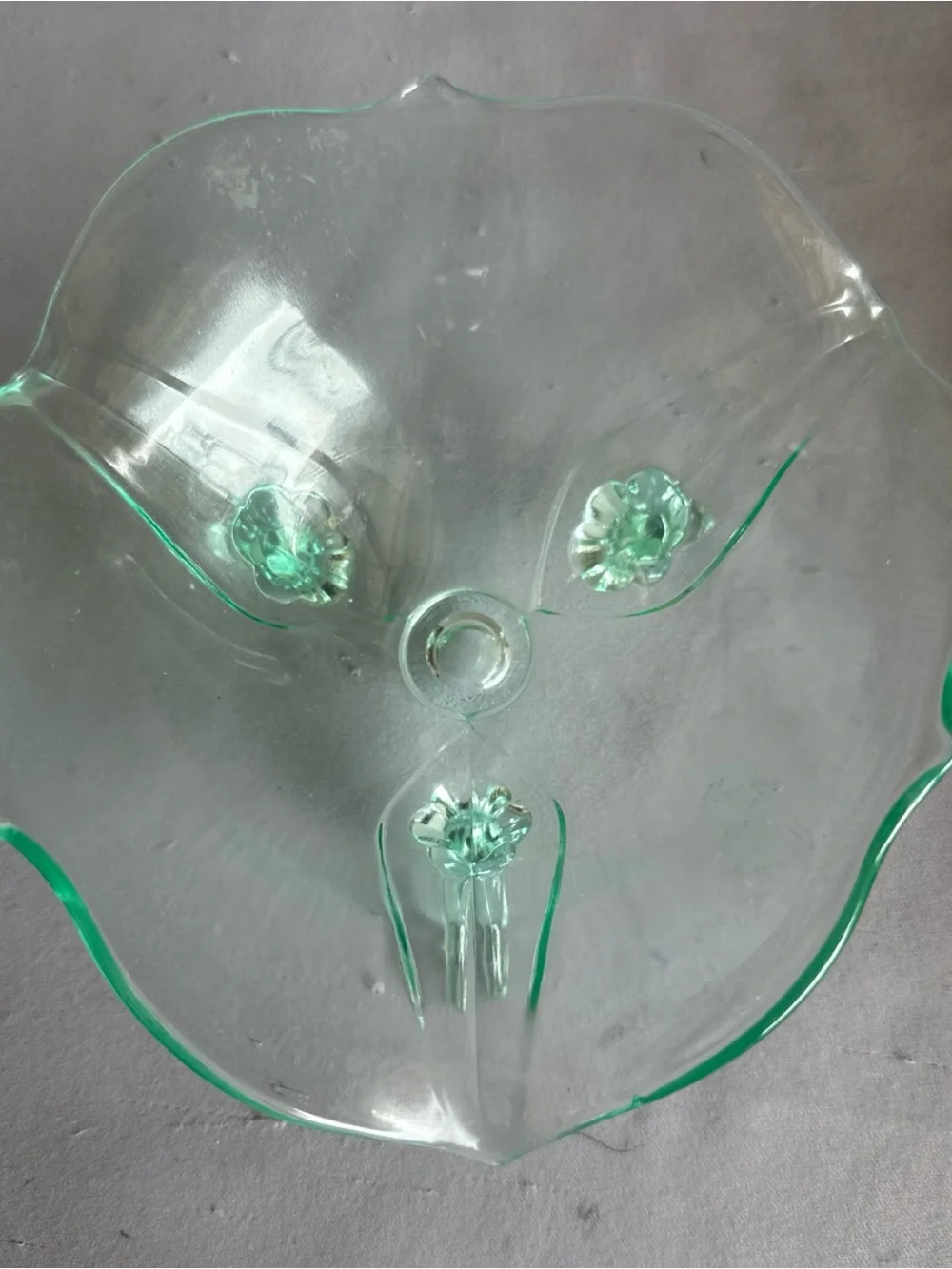 Mint Green Scalloped Glass Decorative Bowl. Vintage Elegant Lancaster Green Depr